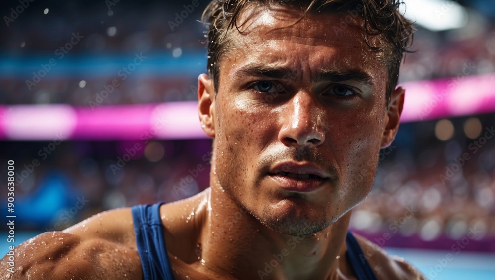 Athlete s sweat drenched face in intense summer olympic match, conveying passion. Athlete s sweat drenched face in intense summer olympic match, conveying passion.