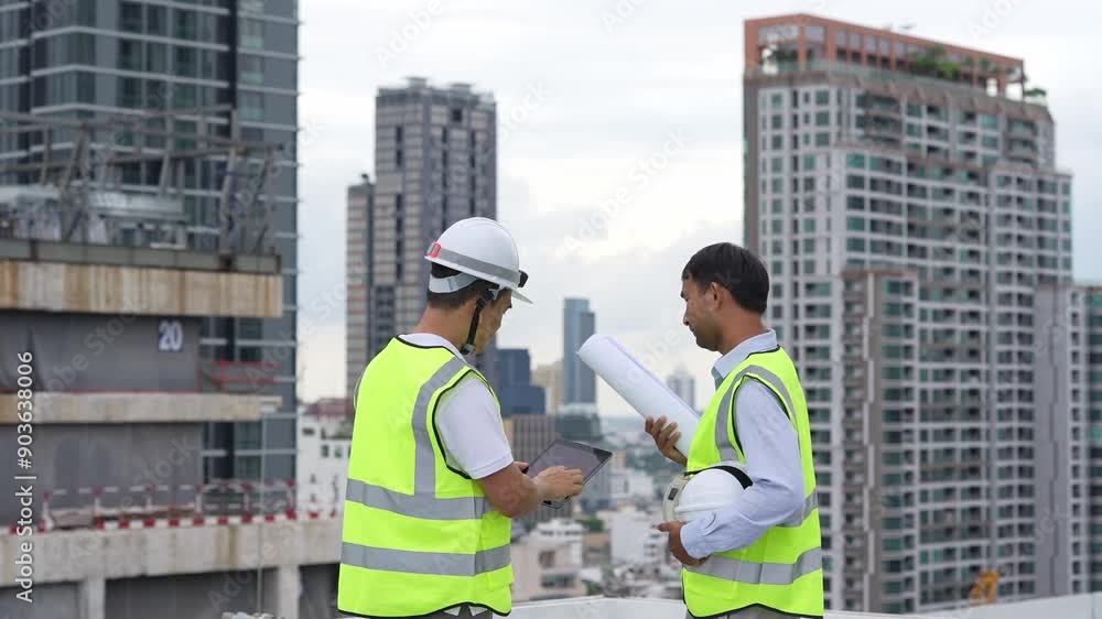 Two engineers in safety gear discuss construction plans on a high-rise rooftop, with city buildings in the background. Two engineers in safety gear discuss construction plans on a high-rise rooftop, with city buildings in the background.