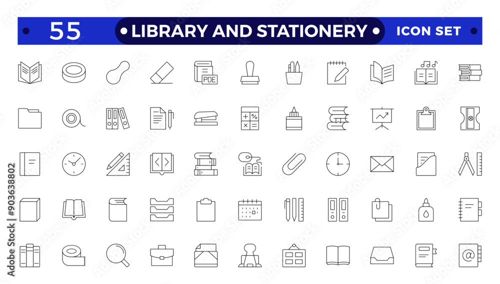 Library and stationery icon set. Contain linear outline icons like College, Knowledge, University, Book, Study, Certificate, Student, Library, Lesson, Stationery. Library and stationery icon set. Contain linear outline icons like College, Knowledge, University, Book, Study, Certificate, Student, Library, Lesson, Stationery.