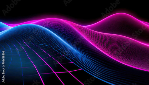 Abstract Neon Wave Background with Digital Grid