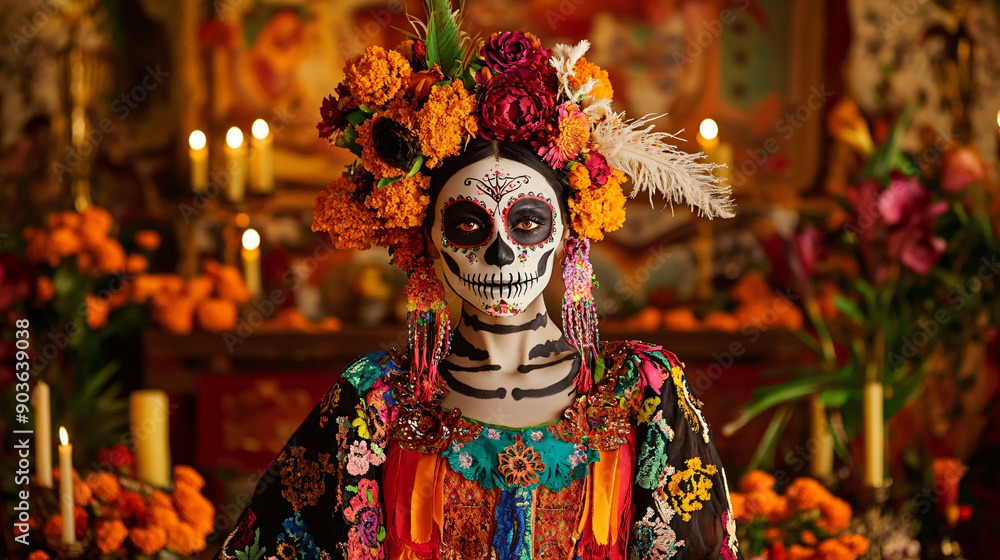 Fototapeta premium Vibrant Day of the Dead Costume in Fashion Studio Setting