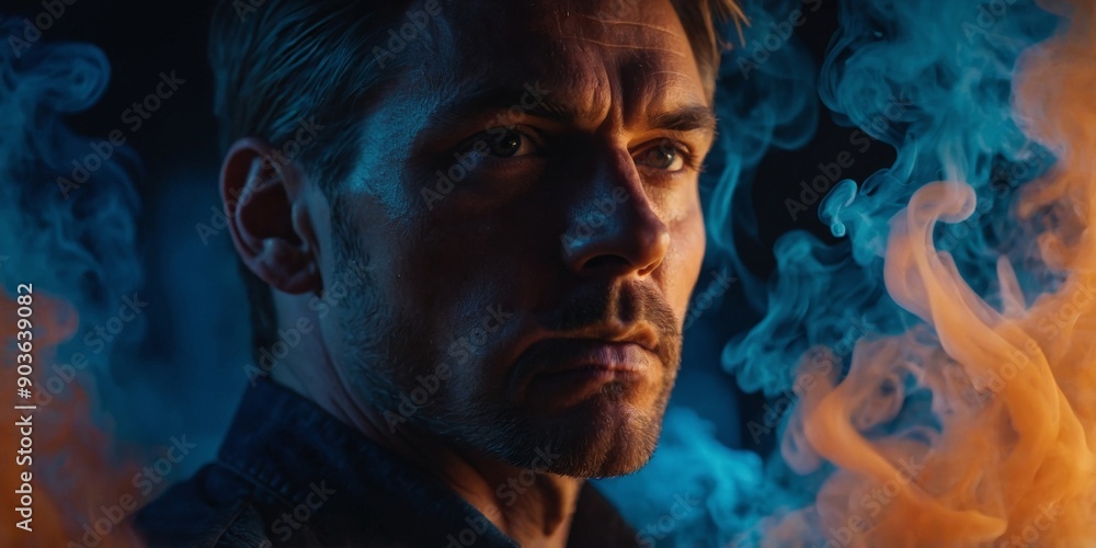 Close-up of a man's illuminated face with vibrant blue and orange smoke, creating a mystical and fiery effect. Close-up of a man's illuminated face with vibrant blue and orange smoke, creating a mystical and fiery effect.