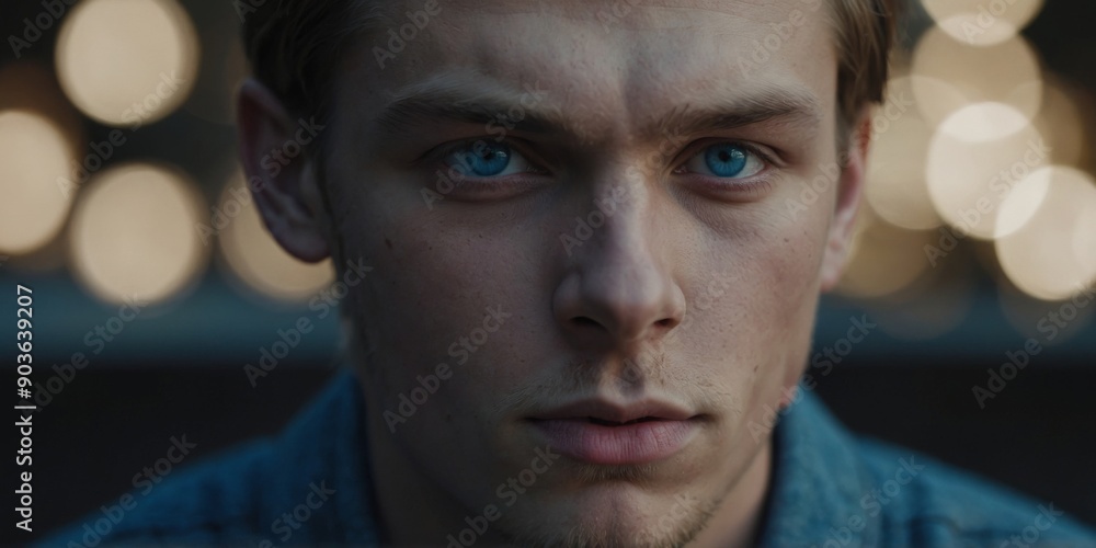 Close up of a young man with blue eyes He has a slight frown on his face.