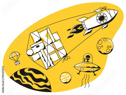 Rocket delivering parcels to aliens in space