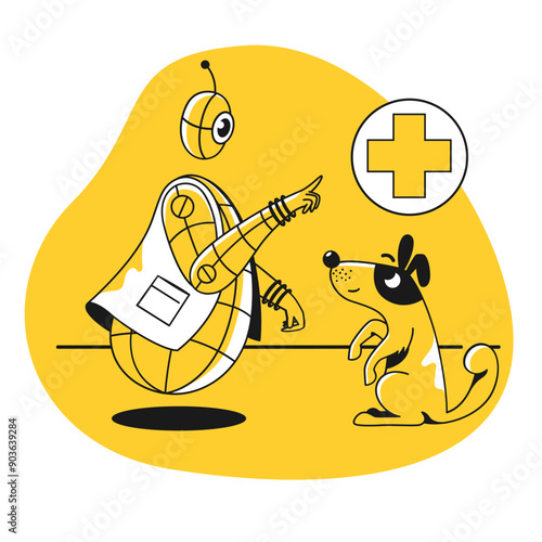 Robot working as a vet and treating a dog