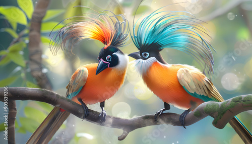 Two vibrantly colored birds perched on a branch, their colorful feathers shimmering.