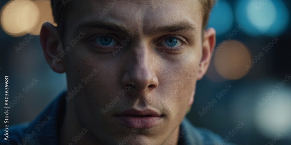 Close up of a young man with blue eyes He has a slight frown on his face. Close up of a young man with blue eyes He has a slight frown on his face.