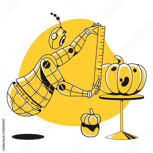 Robot measuring the length of pumpkin harvest