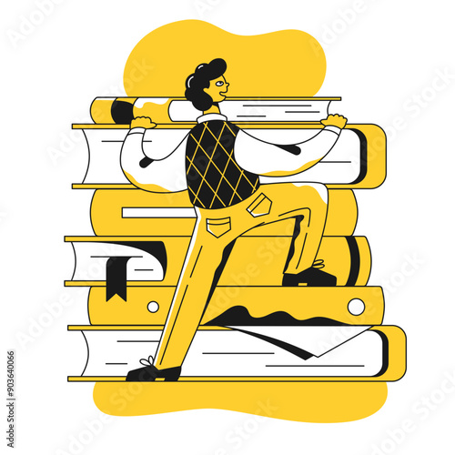 Student climbing on giant book pile