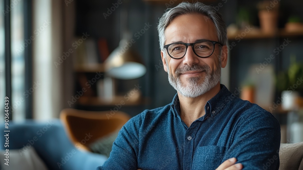 Confident mature man with glasses smiling, wearing blue shirt in cozy living room, bookshelf in background, modern home decor, daylight Confident mature man with glasses smiling, wearing blue shirt in cozy living room, bookshelf in background, modern home decor, daylight