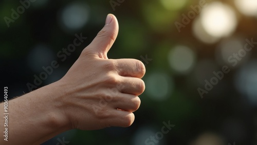 Close up of woman s hand displaying thumbs up gesture to convey approval or liking sentiment. photo