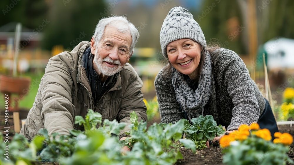 Happy elderly couple gardening together in winter attire, enjoying outdoor activity with fresh vegetables and flowers in their garden. Happy elderly couple gardening together in winter attire, enjoying outdoor activity with fresh vegetables and flowers in their garden.