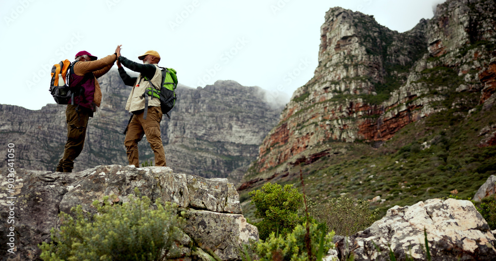 Obraz premium Hiking, friends and men on mountain high five with backpack for adventure, trekking and fitness. Travel, nature and happy people outdoors for wellness, fresh air or exercise on holiday and vacation