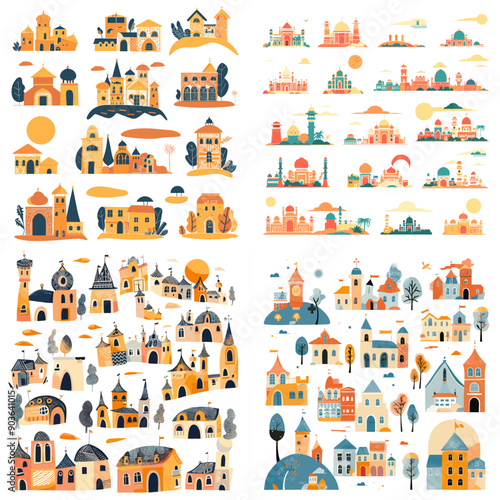 Four sets of buildings with a sun in the background