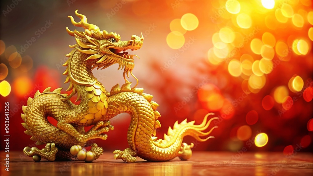 Fototapeta premium Ornate golden Chinese dragon statue symbolizing power and good luck during Chinese New Year celebrations, Chinese, New Year