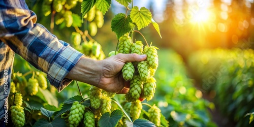 Close up shot of a farmer handpicking ripe hops in a sunlit field, showcasing the hard work of agriculture , agriculture, farmer