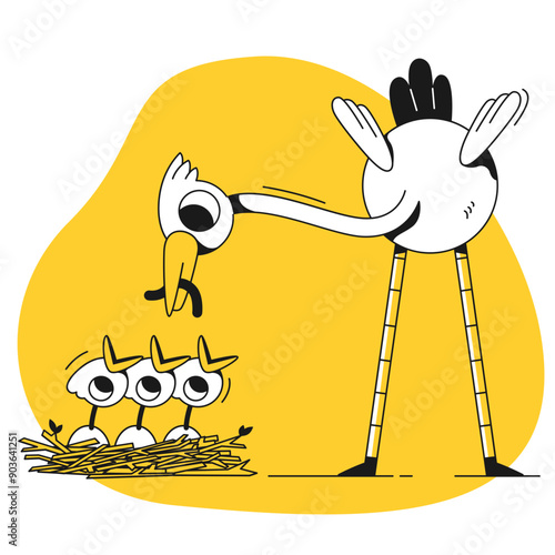 Bird feeding chicks with worm