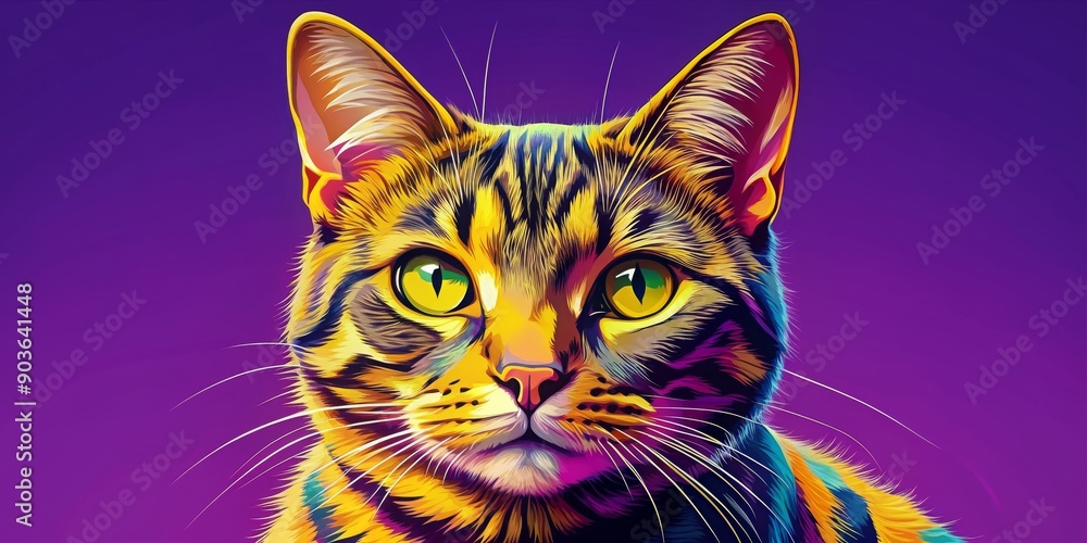 Digital of a portrait of a cat in pop art style with yellow and purple colors, perfect for modern contemporary decor , cat