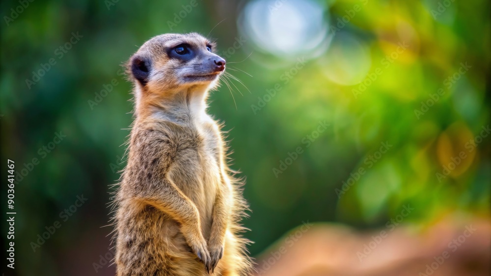 Fototapeta premium Adorable meerkat standing alert in the wild , wildlife, nature, cute, small, mammal, furry, brown, desert, Africa, group