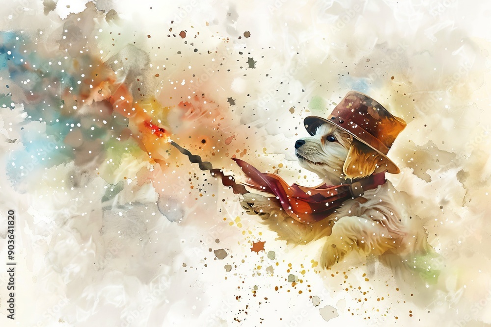 Naklejka premium Whimsical dog dressed as a wizard with a magical background, creating an enchanting and imaginative scene in soft watercolor.