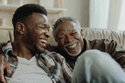 Two men are sitting on a couch, laughing together. The younger man is wearing a plaid shirt and the older man is wearing a brown jacket and jeans. They appear to be enjoying each other's company. © vadosloginov