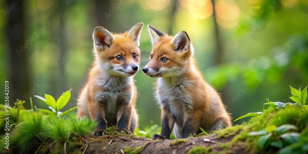 Fototapeta premium Two cute fox friends playing in the forest , Fox, friends, animals, wildlife, nature, cute, playful, forest, adventure, exploring