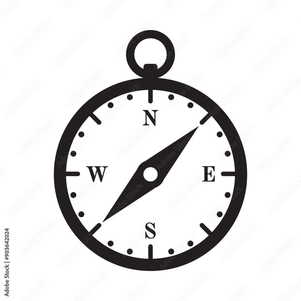 The icon is a black silhouette of a compass. A navigation device for determining the sides of the horizon when traveling. Vector illustration isolated on a white background for design and web. The icon is a black silhouette of a compass. A navigation device for determining the sides of the horizon when traveling. Vector illustration isolated on a white background for design and web.