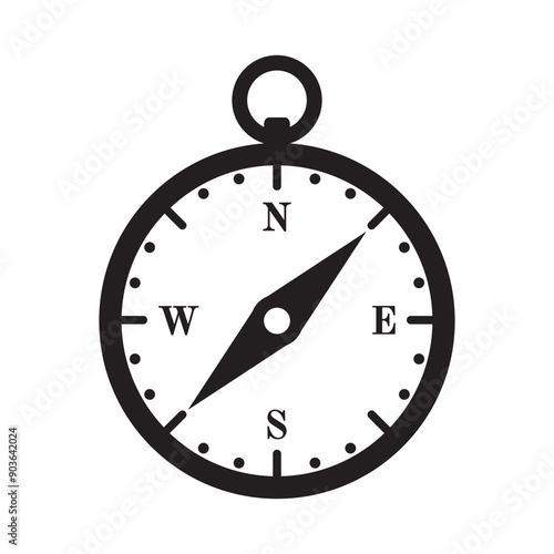 The icon is a black silhouette of a compass. A navigation device for determining the sides of the horizon when traveling. Vector illustration isolated on a white background for design and web.