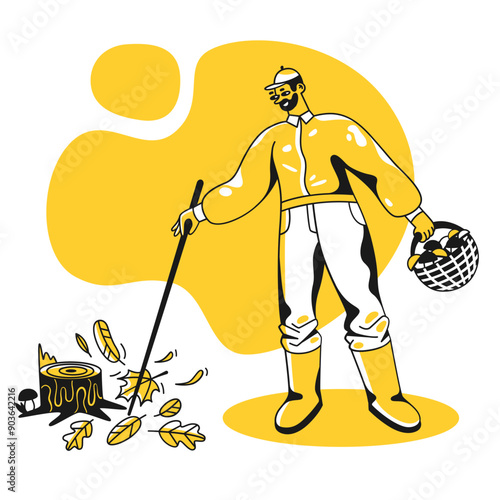 Man picking mushrooms in a basket