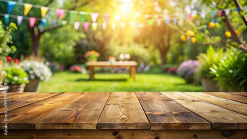 Empty wooden table in garden party setting, background blurred, celebration, event, outdoor, festive, gathering, picnic