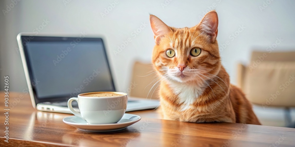 Red-haired cat with cappuccino cup taking a coffee break at office desk, freelancer, coffee break Red-haired cat with cappuccino cup taking a coffee break at office desk, freelancer, coffee break