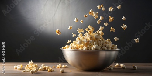 Popcorn cascading out of a tipped over bowl, popcorn, spilled, scattered, snack, buttery, fallen, mess, movie night, cinema photo