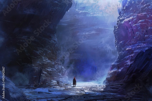 Solitary Figure Amidst Towering Icy Chasm photo