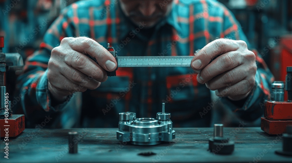 Closeup of technician measuring precision parts with caliper in a metal workshop during quality assurance and precision engineering tasks Closeup of technician measuring precision parts with caliper in a metal workshop during quality assurance and precision engineering tasks