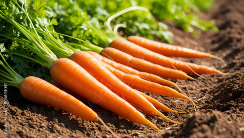 Freshly picked carrots on the soil in a field of a farm, agriculture vegetables . photo