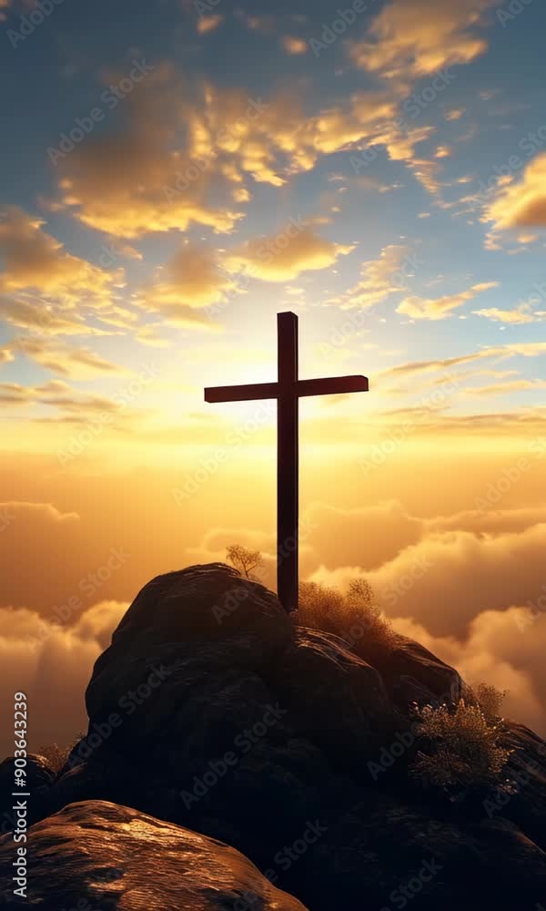 A cross is lit up in the sky with the sun shining on it. The scene is serene and peaceful, with the cross symbolizing hope and faith A cross is lit up in the sky with the sun shining on it. The scene is serene and peaceful, with the cross symbolizing hope and faith