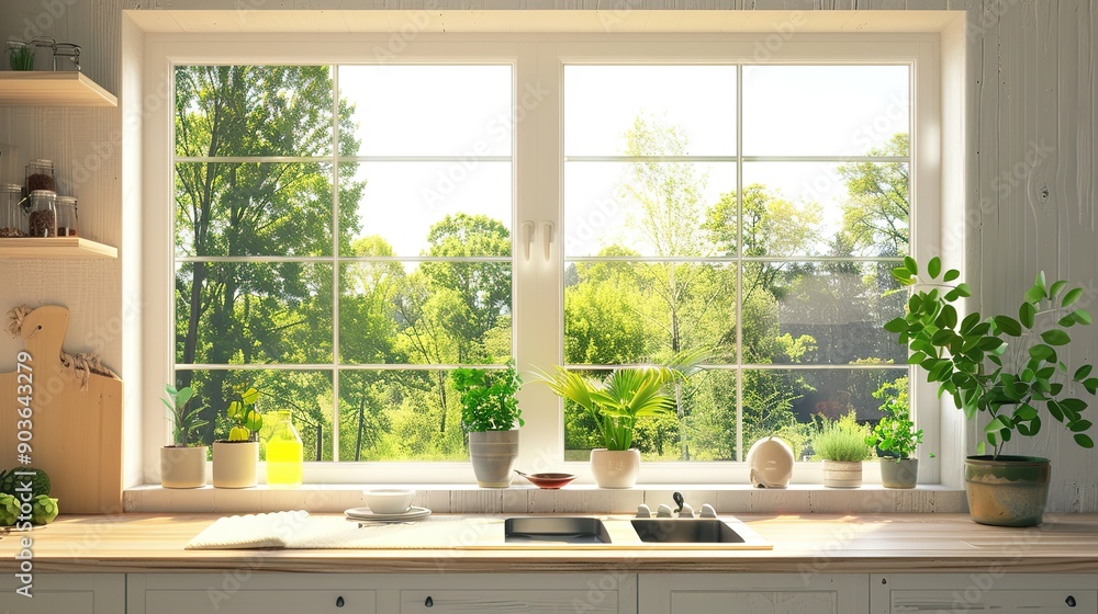 Window in the Kitchen Overlooking a Summer Landscape Window in the Kitchen Overlooking a Summer Landscape