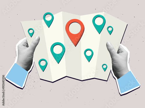 Hands holds a map with a pin marks. Target or destination concept. Modern collage vector illustration