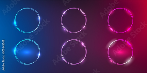 Set of six neon frames with shining effects