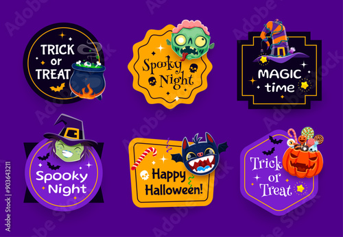 Halloween holiday gift tags. October fall season banners, Halloween present sticker or autumn holiday vector symbol. October season gift tag with zombie, witch and bat, candies in pumpkin, cauldron