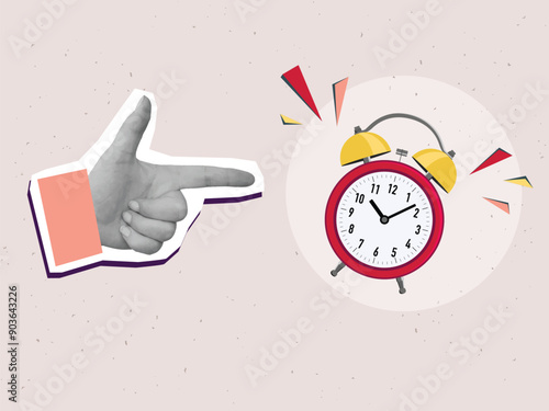 A hand points to a ringing red alarm clock. Modern collage vector illustration