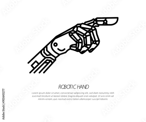 Robot hand pressing push button vector icon. Mechanical hand and electronics. Control by software. Concept for robotic, artificial intelligence or AI, future, futuristic, tech or technology, science.