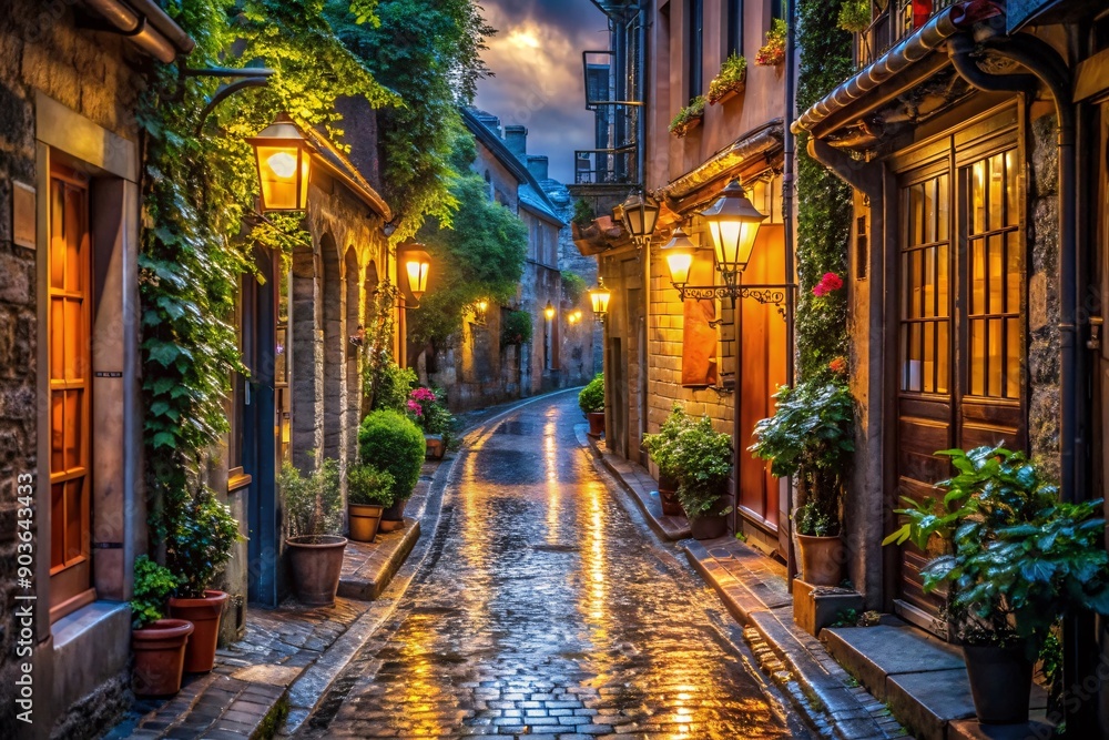 A charming and detailed photo of a narrow alleyway in an old town, glistening with rain and softly illuminated by streetlights. A charming and detailed photo of a narrow alleyway in an old town, glistening with rain and softly illuminated by streetlights.