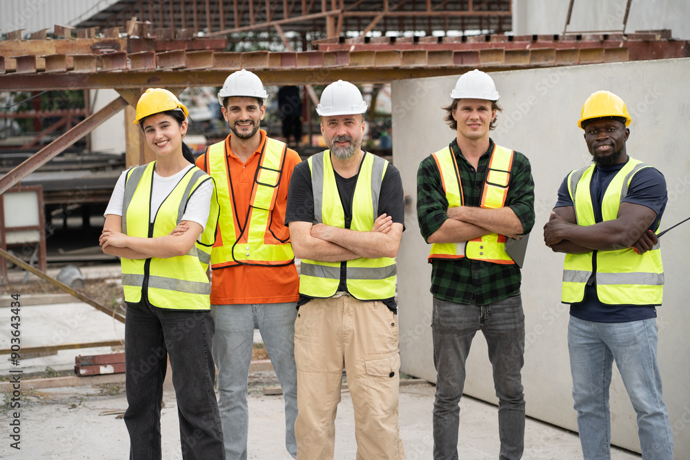 Portrait mature Caucasian engineer man with Multi-ethnic Team engineer or team labor at precast cement outdoor factory Portrait mature Caucasian engineer man with Multi-ethnic Team engineer or team labor at precast cement outdoor factory