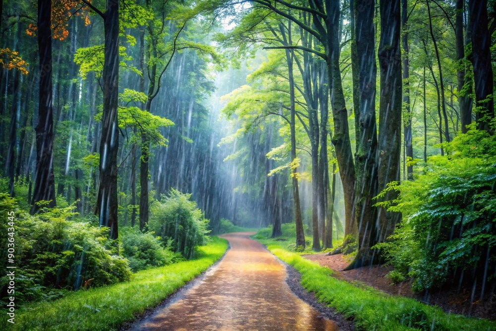 Obraz premium A serene forest scene with a footpath and road winding through lush green trees and foliage.