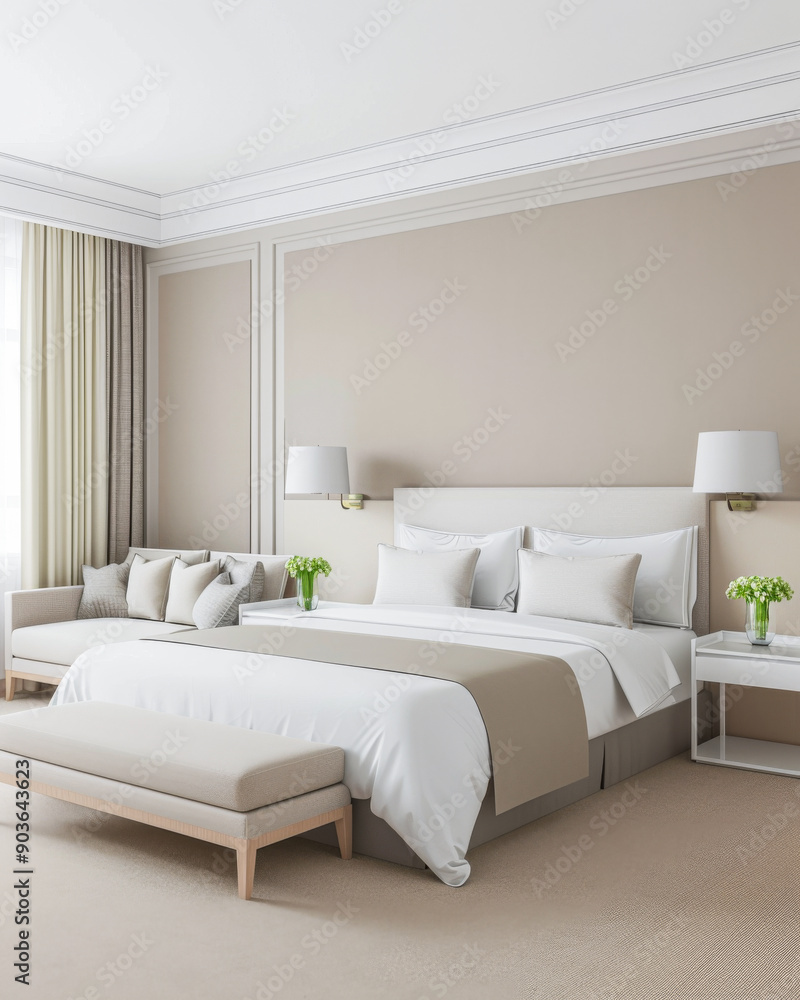 Fototapeta premium Elegant hotel room with stylish furniture, natural colors and neutral lighting. Hotel interiors decor composition.