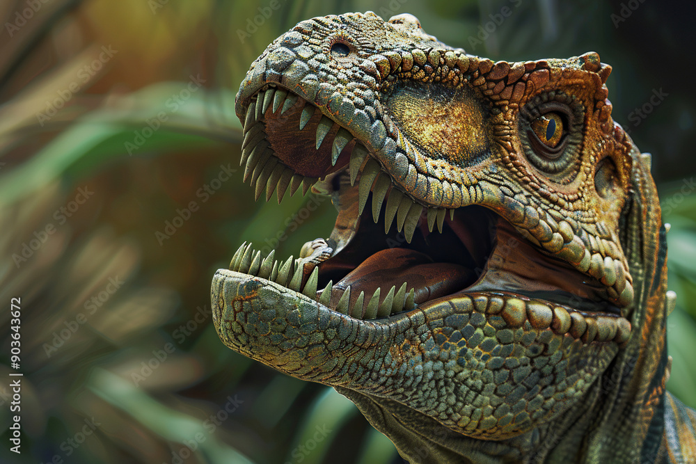 Generative ai on theme of big scary hungry dinosaur with kind eyes and sharp teeth destroying park Generative ai on theme of big scary hungry dinosaur with kind eyes and sharp teeth destroying park