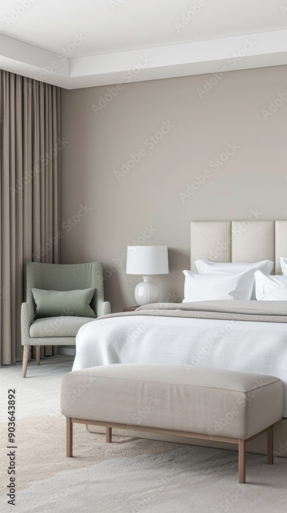 Fototapeta premium Elegant hotel room with stylish furniture, natural colors and neutral lighting. Hotel interiors decor composition.