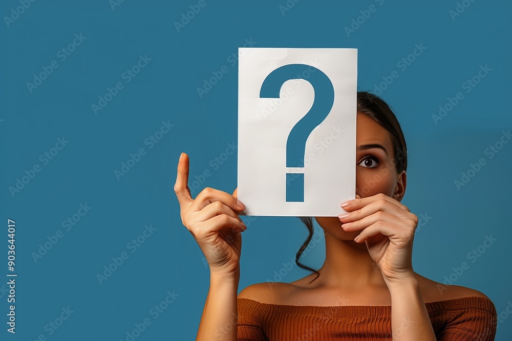Hand with white question mark paper against blue background Hand with white question mark paper against blue background
