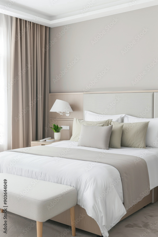 Fototapeta premium Elegant hotel room with stylish furniture, natural colors and neutral lighting. Hotel interiors decor composition.